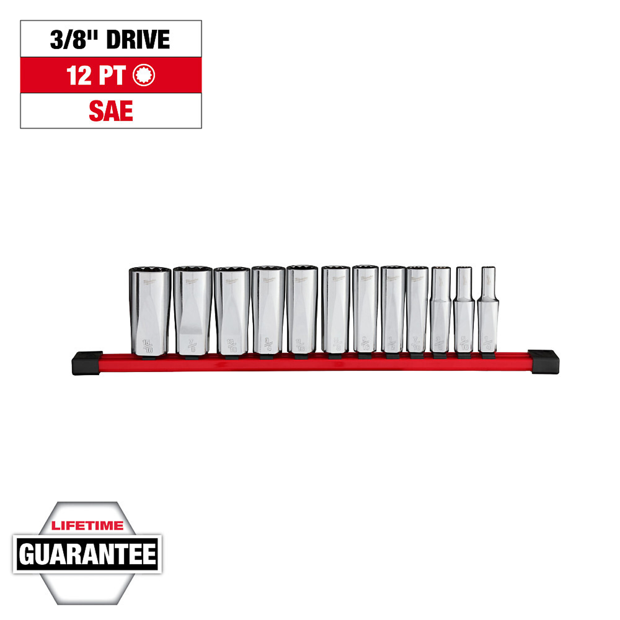 Milwaukee 12pc 3/8” Drive 12-Point Deep Well SAE Socket Set, Model# 48-22-9421